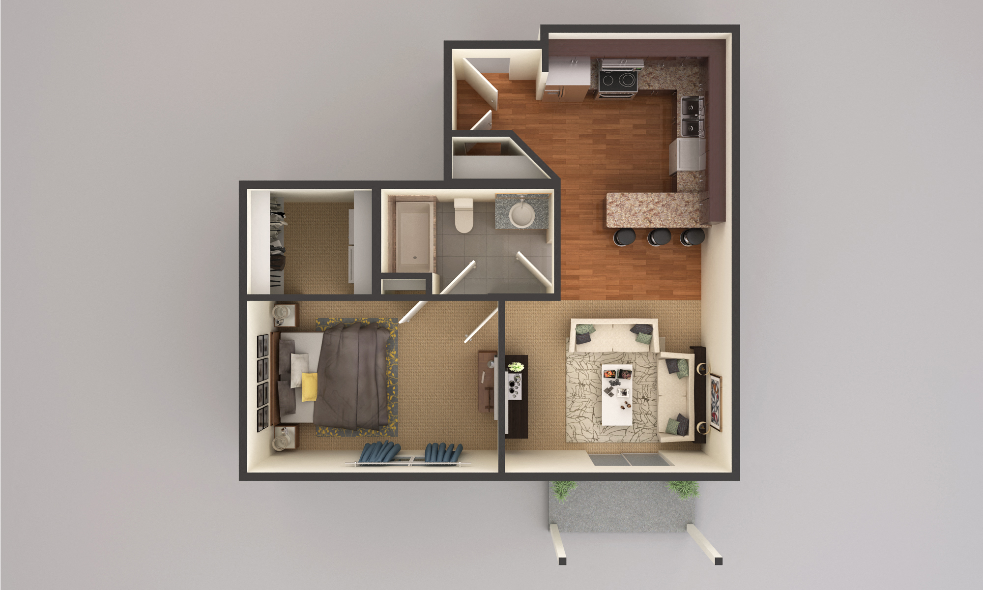 Floor plan for 1 bed, 1 bath, 534 sqft